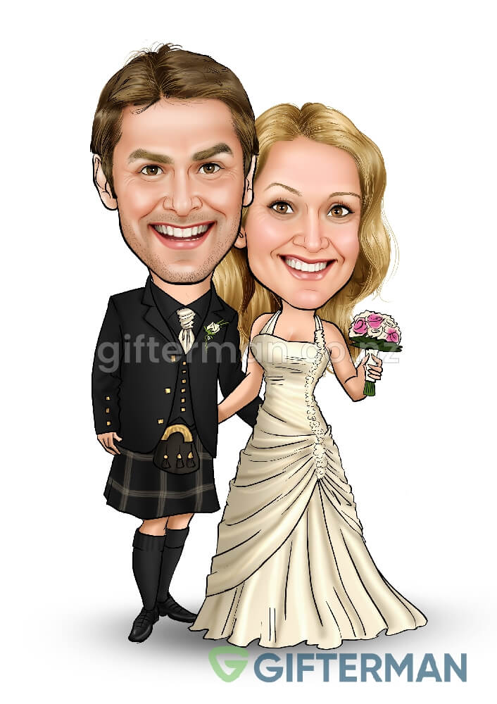 Kilt Wedding Caricature From Your Photos, Custom Wedding Caricatures