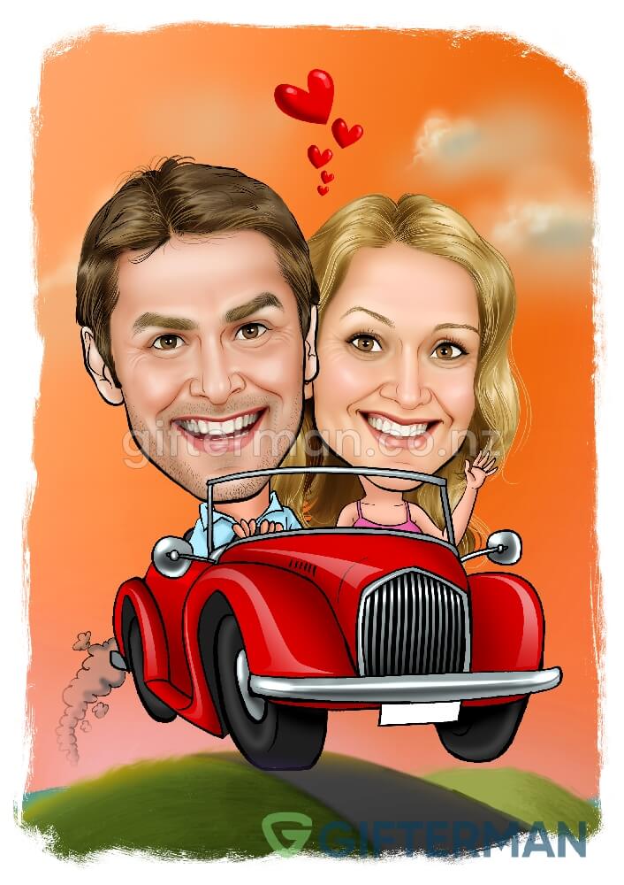 Couple in Vintage Car Cartoon From Your Photos, Custom Car & Bike Caricatures