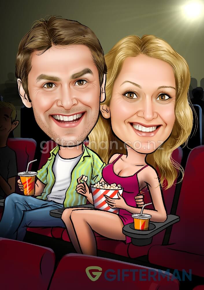 Movie Theater Couple Cartoon From Your Photos, Custom Couple Caricatures