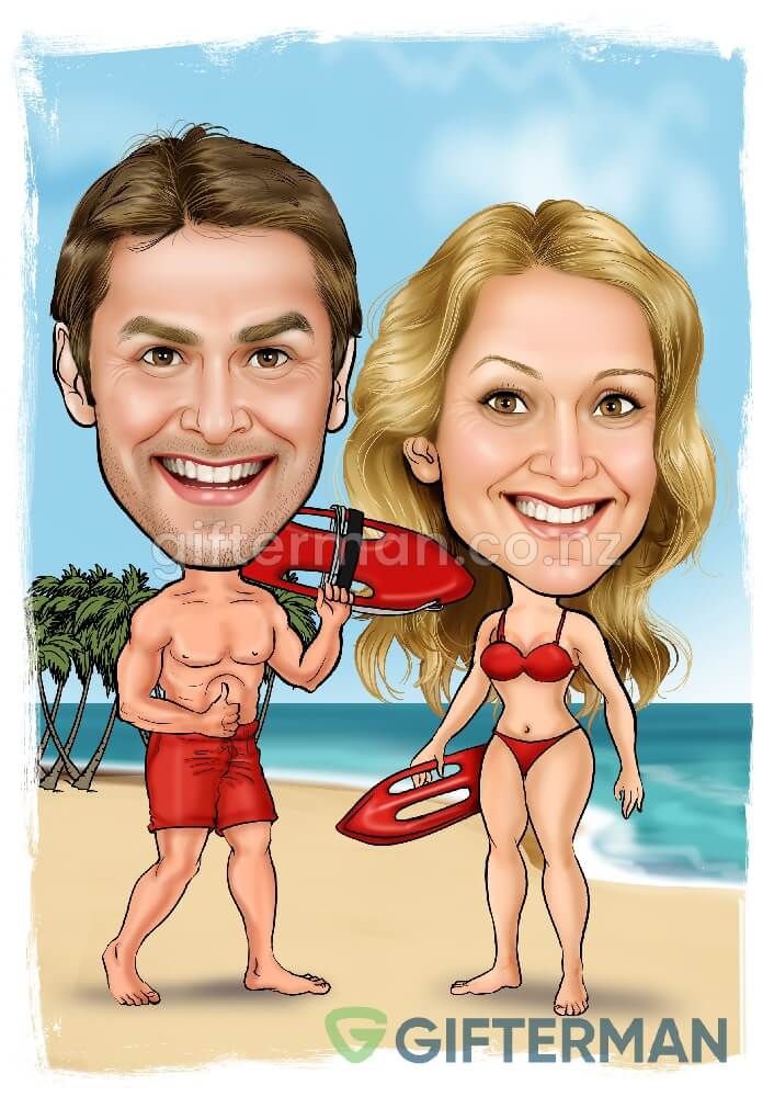 Beach Lifeguard Couple Caricature From Your Photos, Custom Character Caricatures