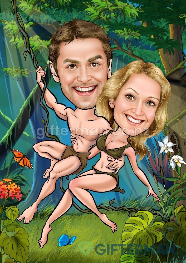 Tarzan and Jane Superhero Caricature From Your Photos, Custom Character Caricatures