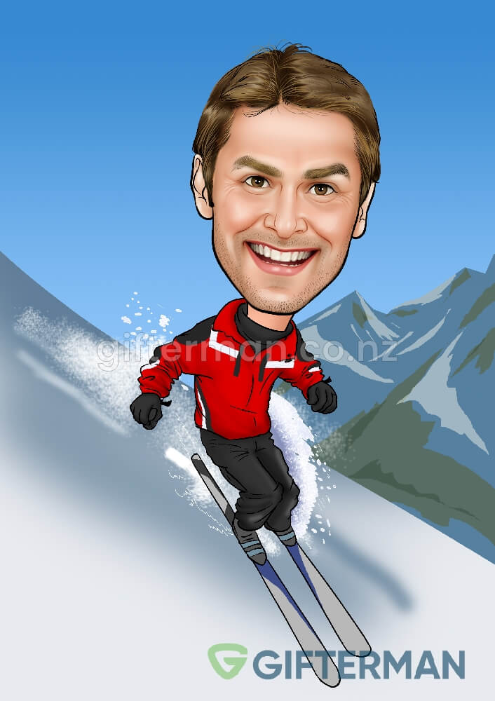 Skiing Caricature From Your Photos, Custom Birthday Caricatures