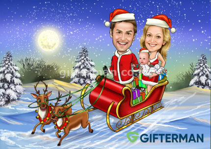 Santa Family Sleigh Caricature From Your Photos, Volunteer Group Caricature