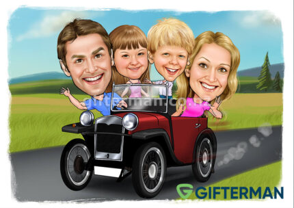 Vintage Car Family Caricature From Your Photos, Sports Caricature