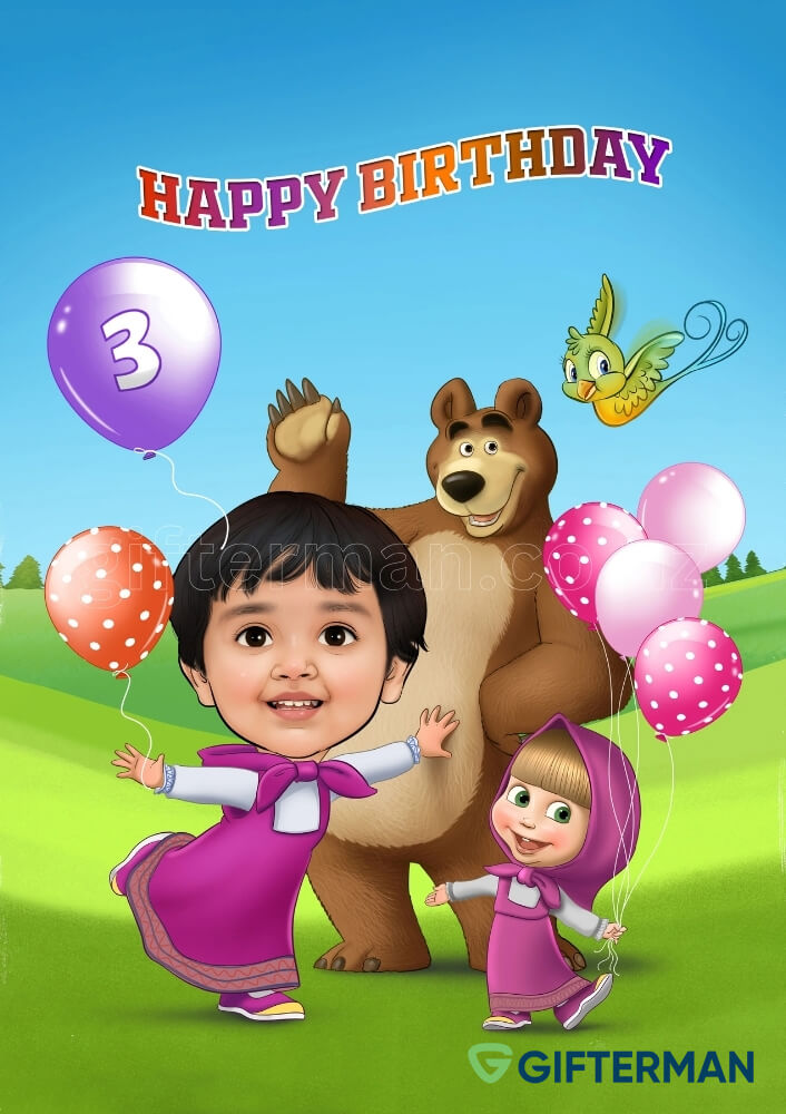 Masha And The Bear Birthday Caricature From Your Photos, Custom Caricatures